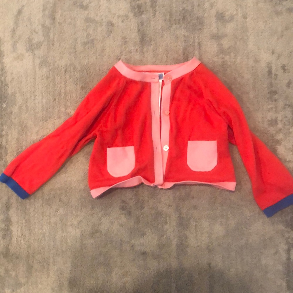 Adorable jacadi red cardigan With pink pockets and blue detail